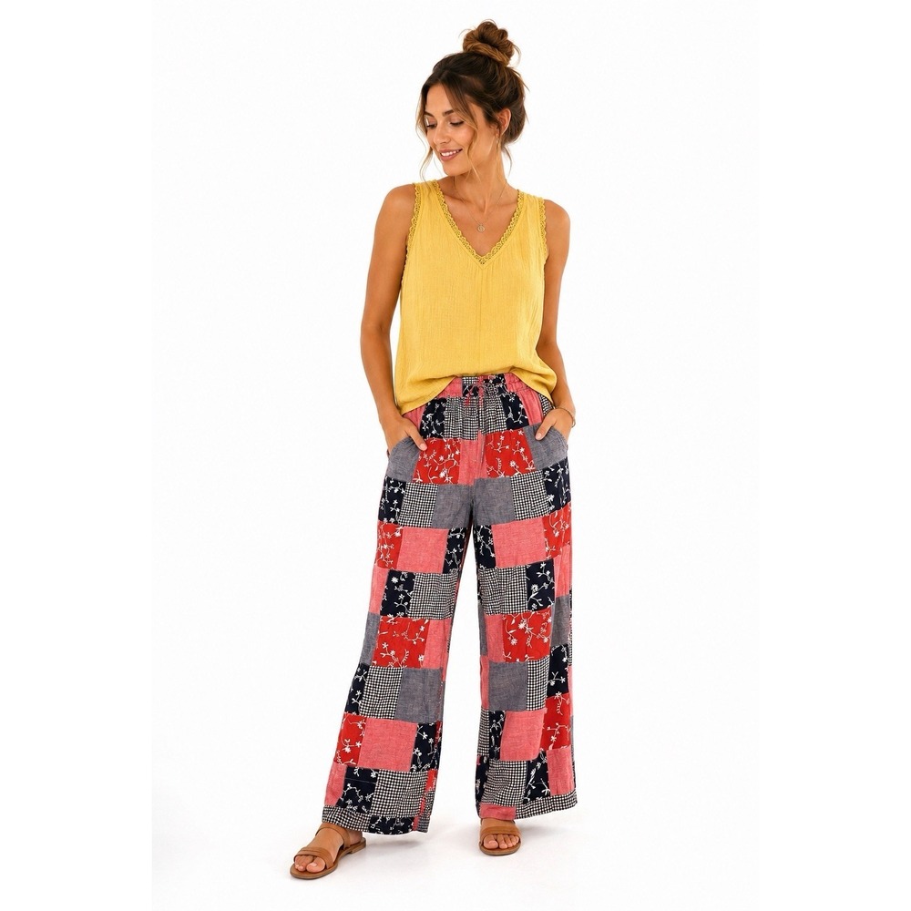 Belle Pointe Patchwork Cropped Pants  Elastic Waist Pockets Cottagecore boho L